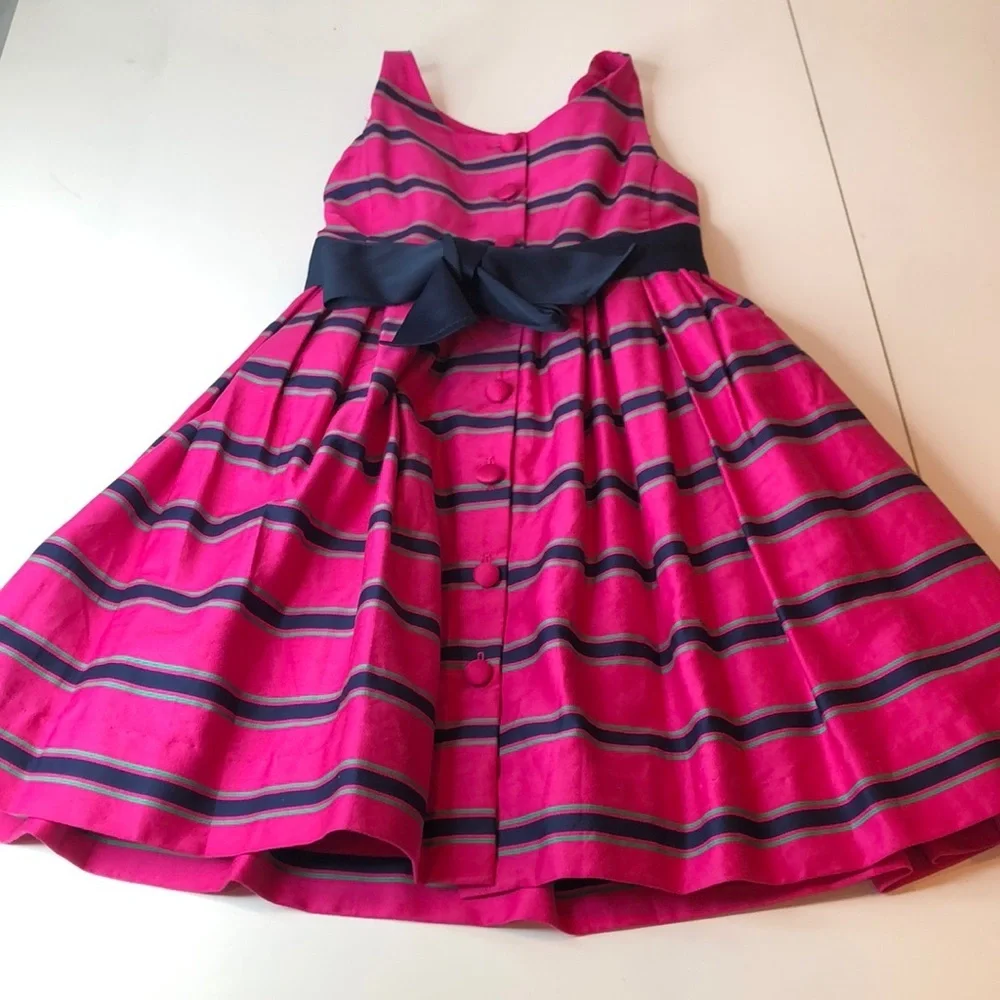 Ralph Lauren Pink Dress Blue Green Stripe Belt Covered Buttons Lined Girls 6 EUC